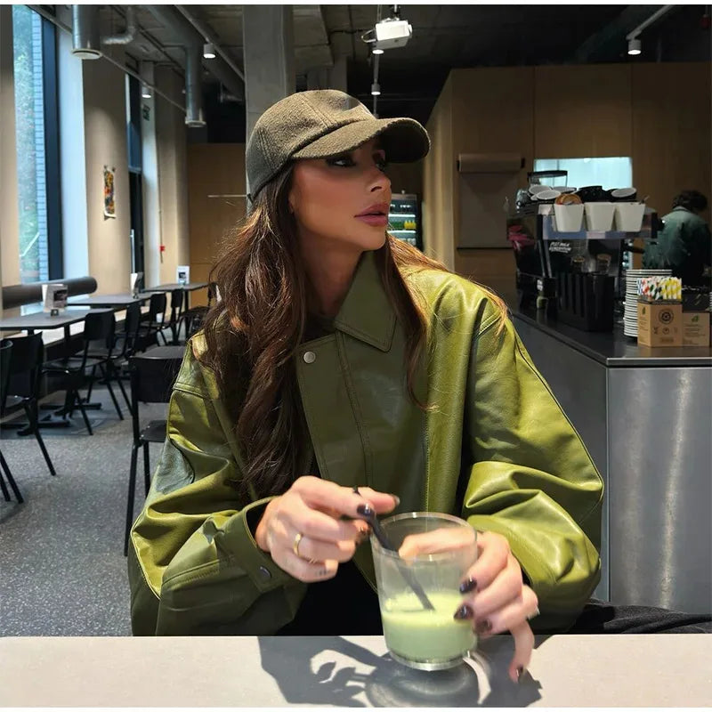 2025 Fall Winter Women's Faux Leather Jacket Edgy Street Style Vintage Olive Green Notched Lapel Coat Retro Urban Outerwear