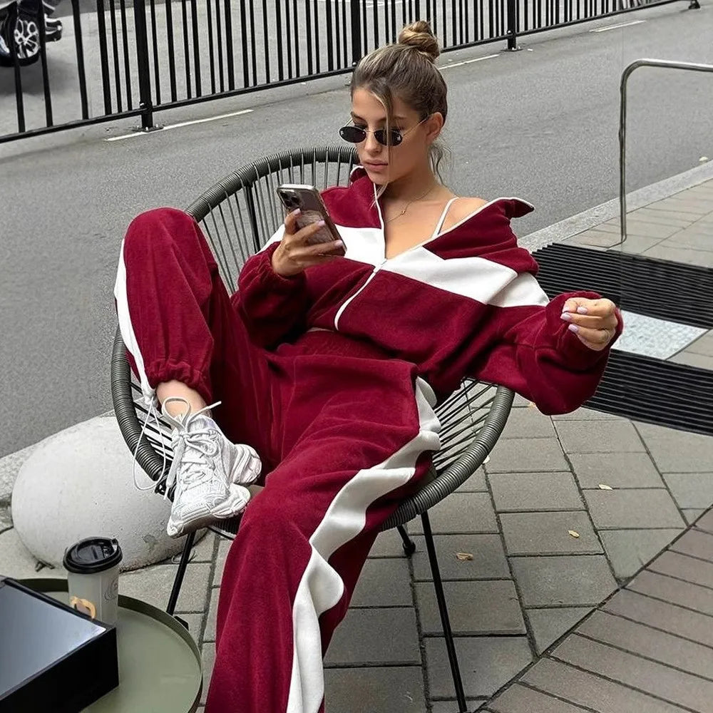 2025 Women's Casual Sport Trousers 2 Piece Set Loose And Fashion Zipper Cardigan Color-blocked Skinny Long Pants Female