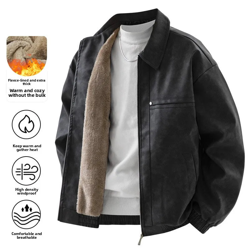 2025 Winter Fleece-Lined American Retro Turn-Down Collar Leather Jacket, Spring and Autumn Fleece-Lined Thickened Jacket