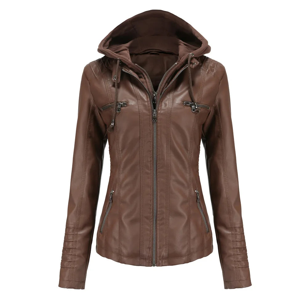 2025 New Hooded Leather Jacket Two-piece Detachable Large Size Leather Jacket for Women Spring and Autumn Coat for Women